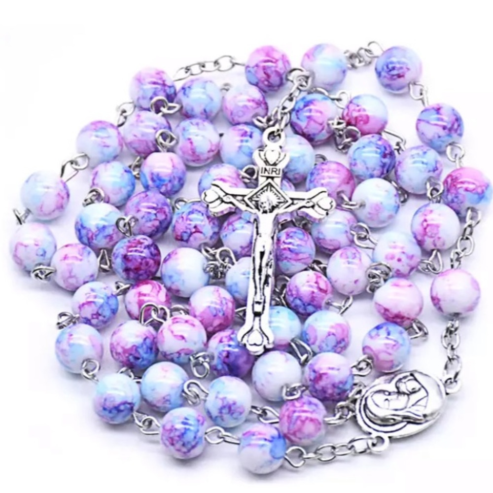 Multicolored 8mm Beaded Rosary Necklace - Picture 2 of 9
